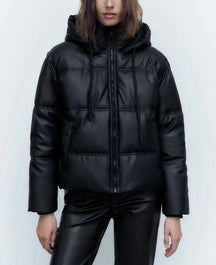 Jaqueta Puffer de Couro Acolchoada Preto LM