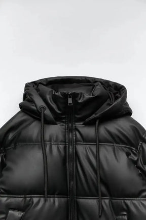 Jaqueta Puffer de Couro Acolchoada Preto LM