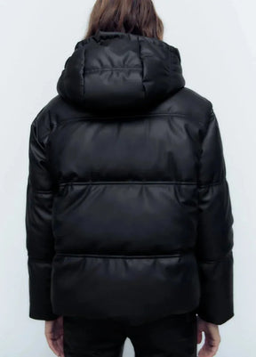 Jaqueta Puffer de Couro Acolchoada Preto LM