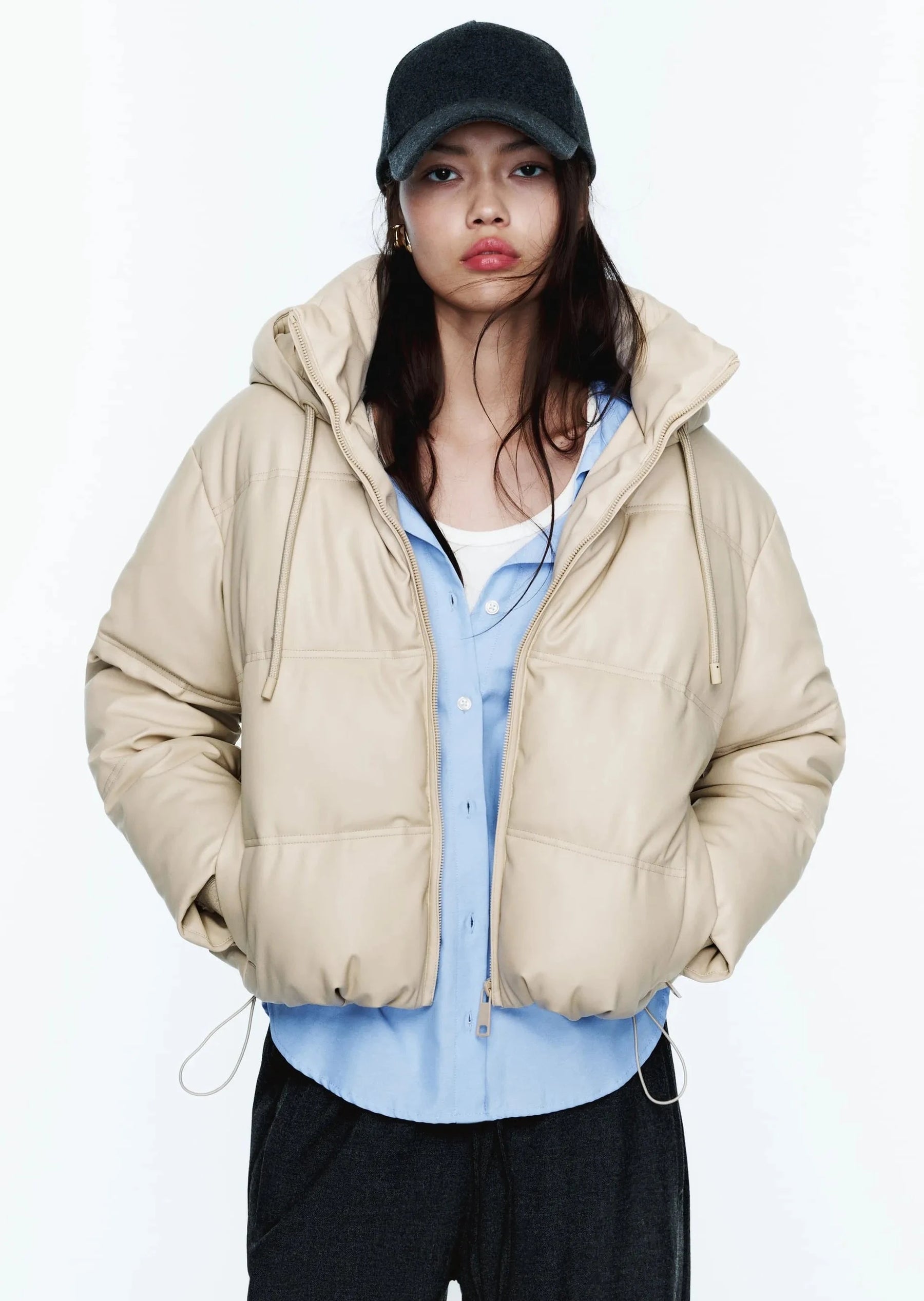 Jaqueta Puffer de Couro Acolchoada Off White LM