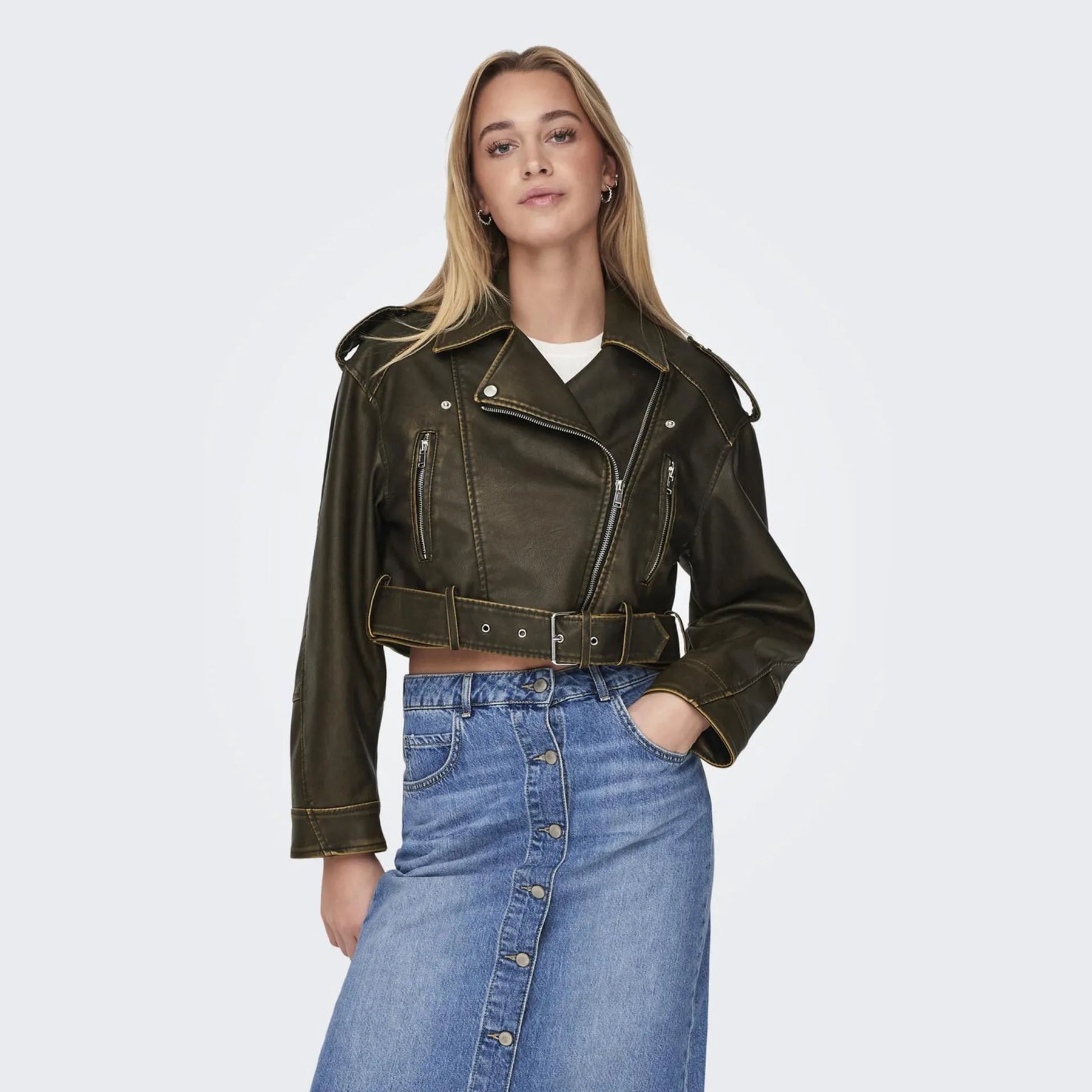 Jaqueta de Couro Cropped Verde Militar LM