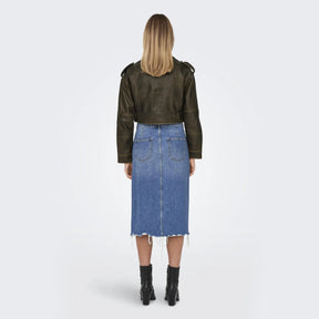 Jaqueta de Couro Cropped Verde Militar LM