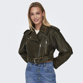 Jaqueta de Couro Cropped Verde Militar LM